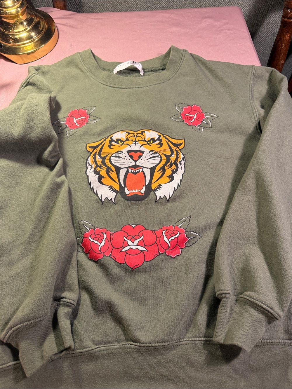 Wound Up Olive Green Crewneck with Yellow Tiger and Red Rose Graphics